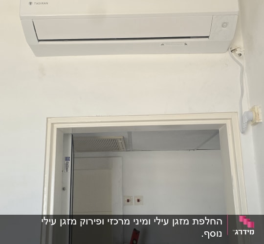 מזגן עילי מותקן מעל משקוף דלת לצד כלי עבודה